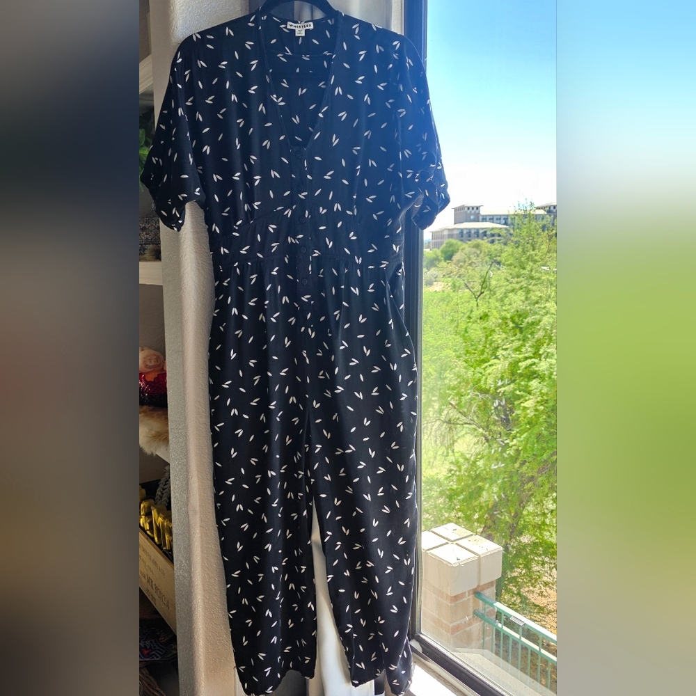 Whistles Black Jumpsuit with White Confetti Motif V Neck Frint Button US 8
